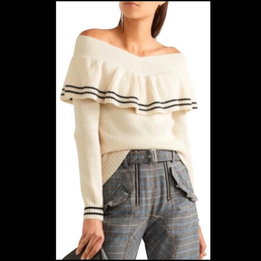SELF-PORTRAIT Cream Striped Off the Shoulder Sweater in Size M